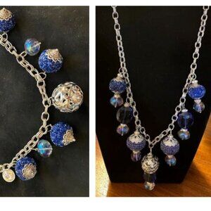 Handcrafted Double-Link Silver/Navy Beads Necklace and Bracelet